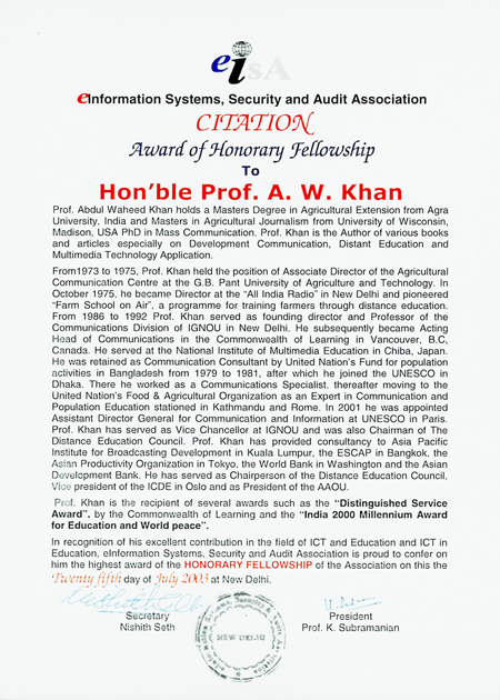 Award of Honorary Fellowship by Information Systems, Security and Audit Association.